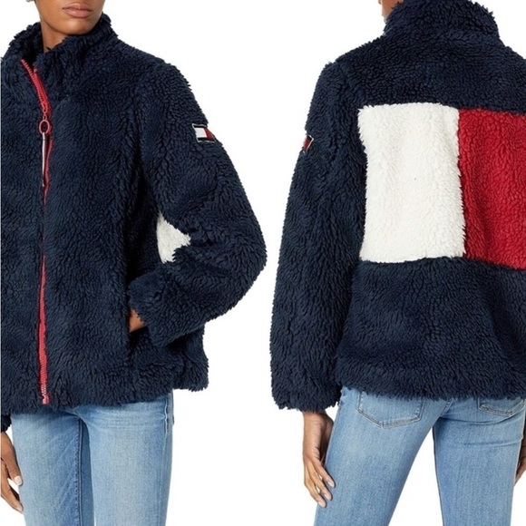Tommy Hilfiger teddy sherpa jacket blue red white logo NWT women’s - Picture 4 of 6